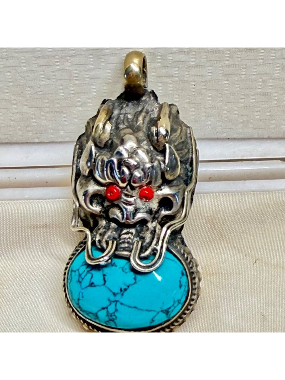 Dragon Pendant Silver Tone Blue Cabochon Red Eyes Gothic Fantasy 1.75"
